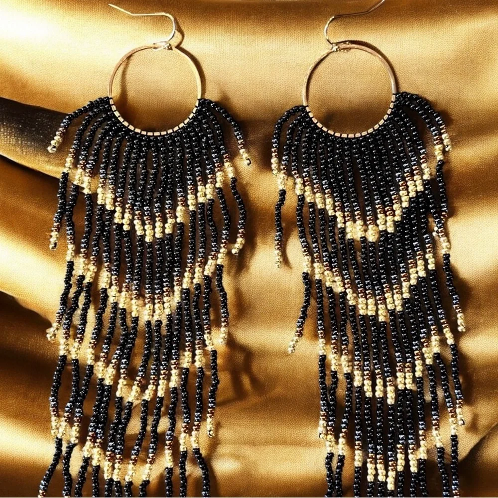 Black and Gold Glass Beaded Chandelier Earrings with Cascading Feather Design - Picture 8 of 17